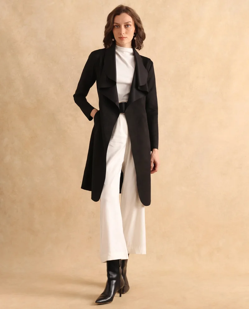 Rareism Rareism Women Palmer 2 Black Suede Full Sleeve Waterfall Neck Boxy Fit Midi Plain Jacket