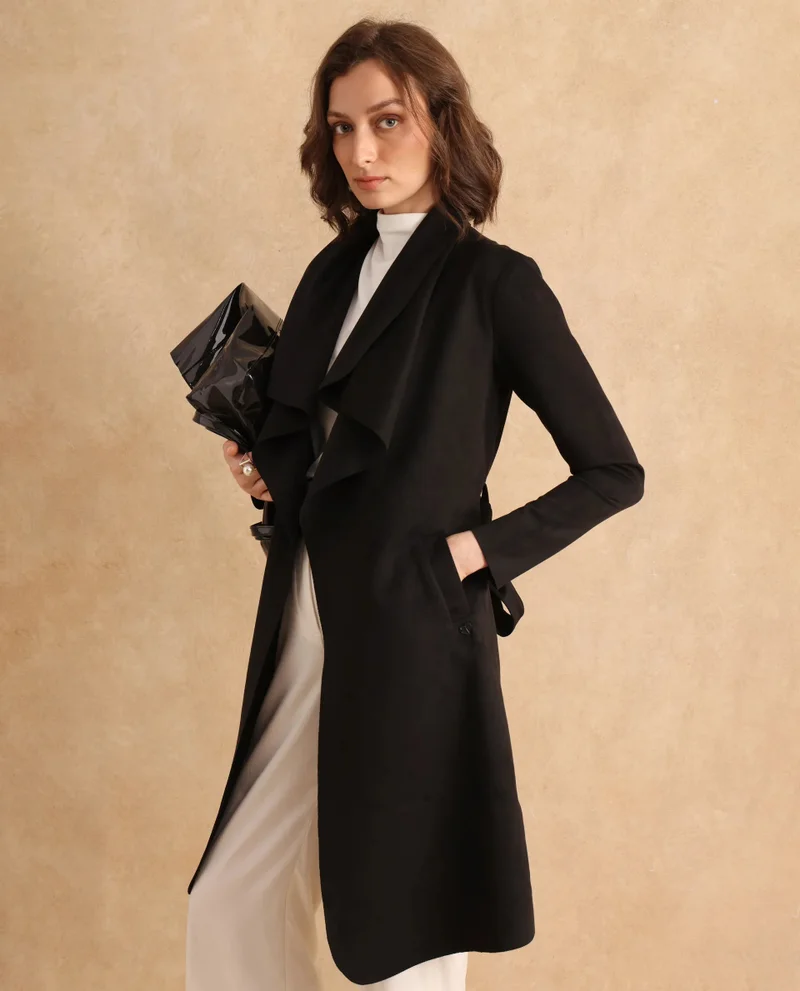 Rareism Rareism Women Palmer 2 Black Suede Full Sleeve Waterfall Neck Boxy Fit Midi Plain Jacket
