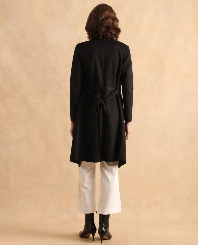 Rareism Rareism Women Palmer 2 Black Suede Full Sleeve Waterfall Neck Boxy Fit Midi Plain Jacket
