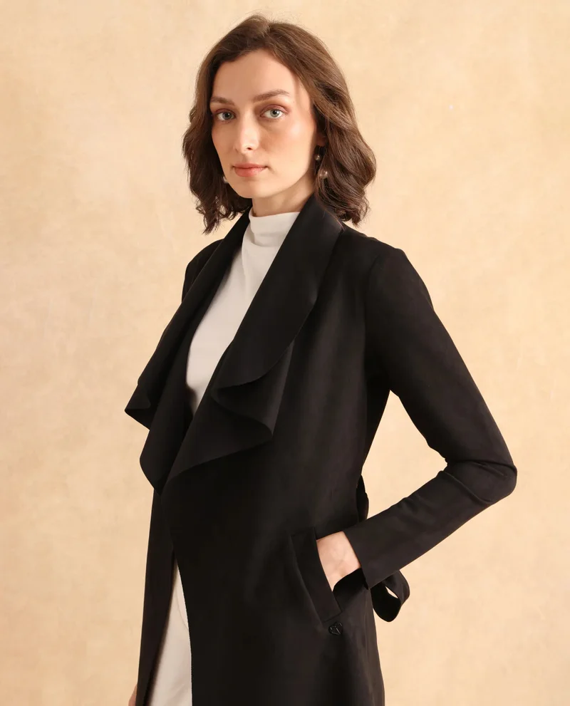 Rareism Rareism Women Palmer 2 Black Suede Full Sleeve Waterfall Neck Boxy Fit Midi Plain Jacket