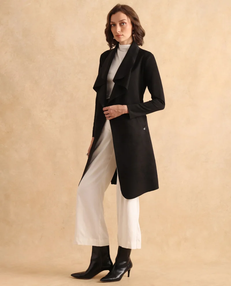 Rareism Rareism Women Palmer 2 Black Suede Full Sleeve Waterfall Neck Boxy Fit Midi Plain Jacket