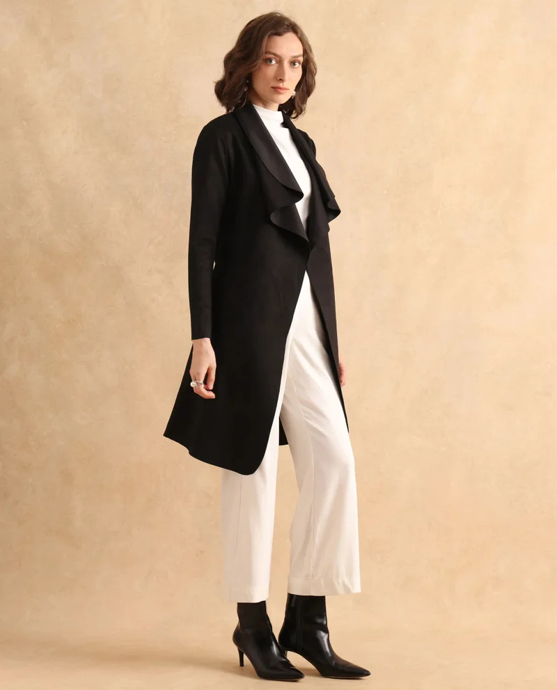 Rareism Rareism Women Palmer 2 Black Suede Full Sleeve Waterfall Neck Boxy Fit Midi Plain Jacket
