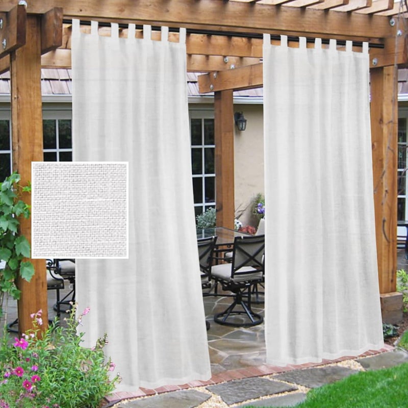 H.VERSAILTEX Outdoor Linen Sheer Curtains for Patio Waterproof - Indoor/Outdoor Divider Privacy Added Light Filtering Porch Decor with Detachable Self-Stick Tab Top for Gazebo/Cabana  White  2 Pieces  W52 x L95 - Image 1
