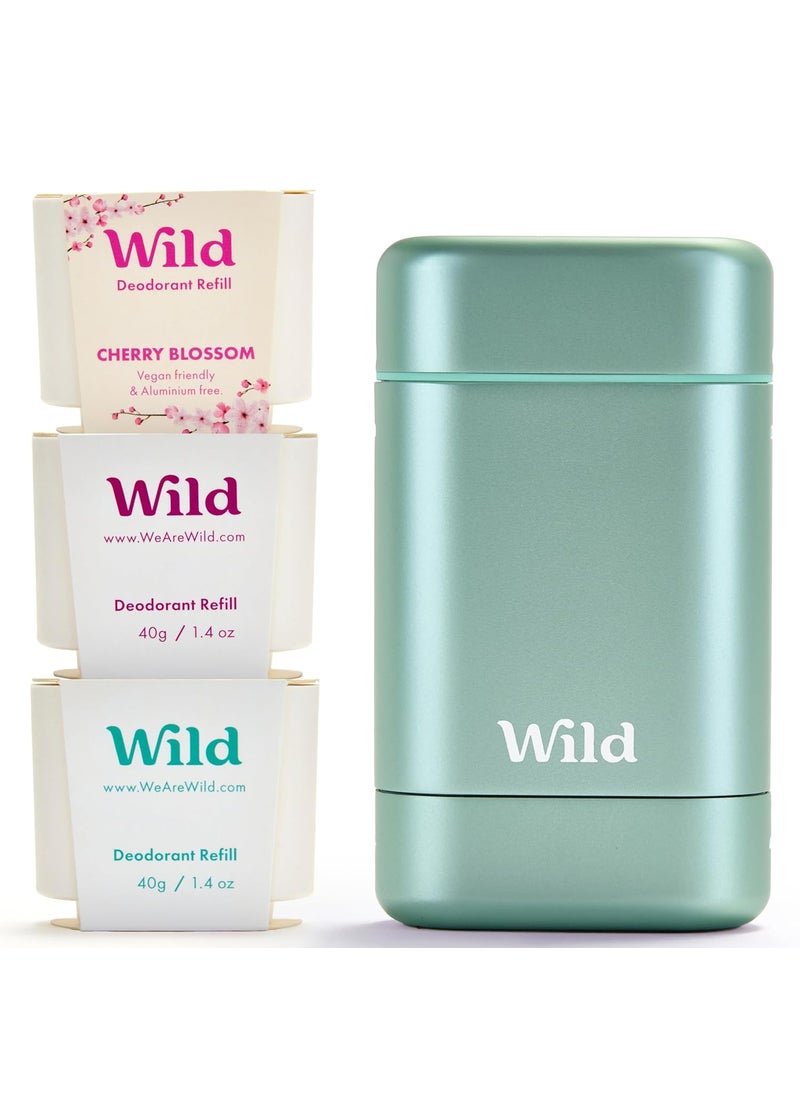 WILD Wild - Aqua Case with Refill Variety Pack - Refillable Deodorant - Aluminum Free - Includes Fresh Cotton & Sea Salt, Cherry Blossom and Coconut & Vanilla Scents - Vegan 