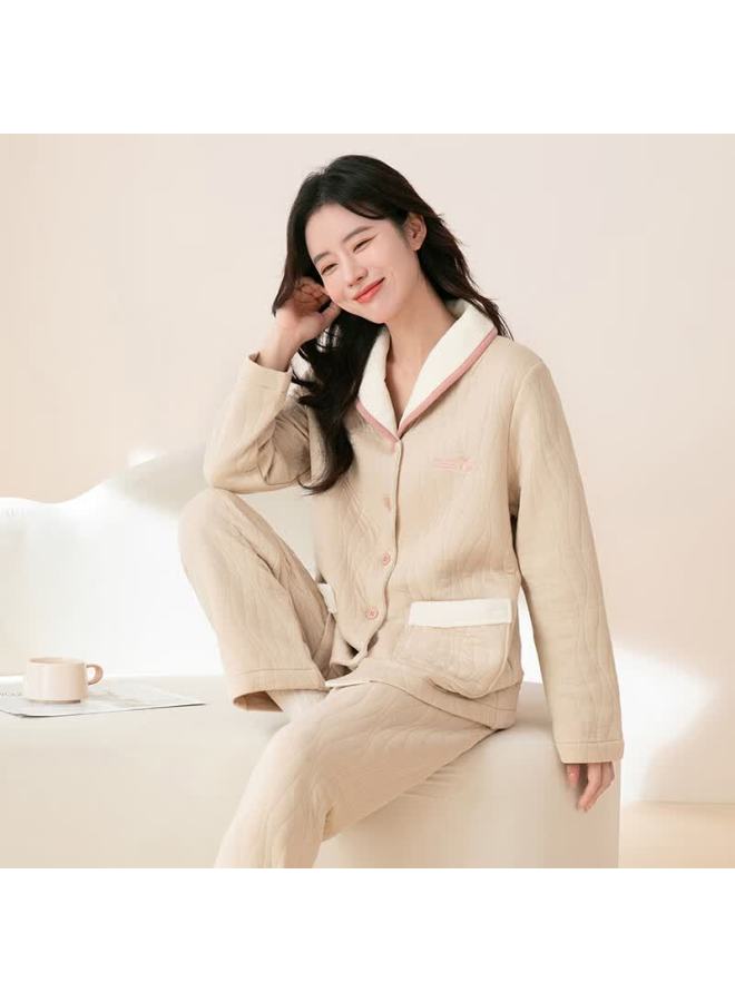 Fentengcare Women's Pure Cotton Soft Cotton Autumn Winter Pajama Set With Thin Quilted Lapel, Wearable Homewear, Gift For Girls - Image 4