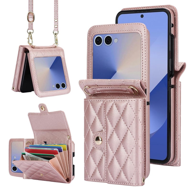 XIMAND for Samsung Galaxy Z Flip 7 Accordion Crossbody Wallet Case 4 Card Slots RFID Blocking and Adjustable Strap Stylish and Versatile AccessoryRose Gold - Image 2