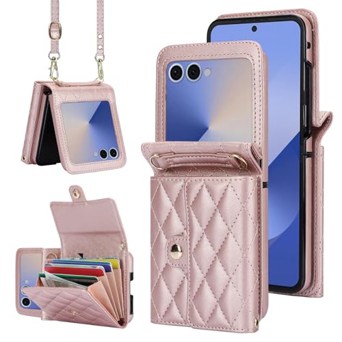 XIMAND for Samsung Galaxy Z Flip 7 Accordion Crossbody Wallet Case 4 Card Slots RFID Blocking and Adjustable Strap Stylish and Versatile AccessoryRose Gold - Image 1