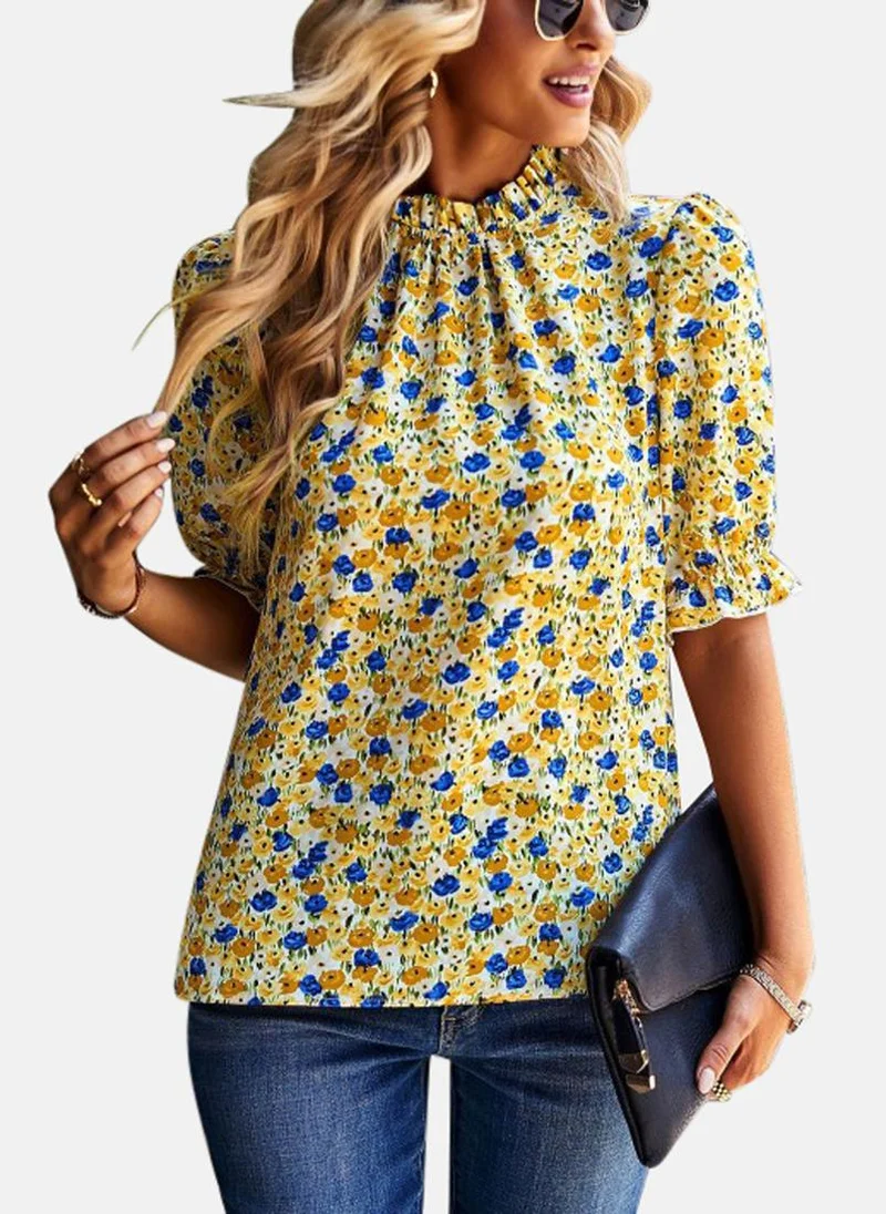 يونيكي Yellow High Neck Printed Top