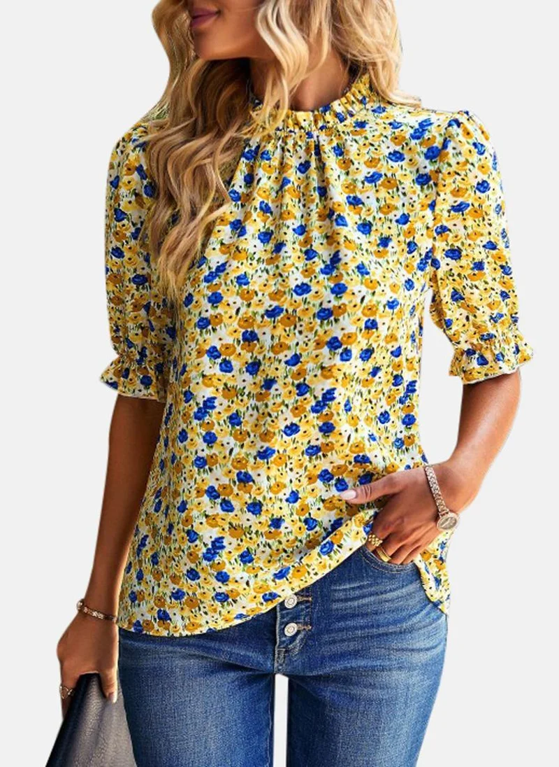 يونيكي Yellow High Neck Printed Top