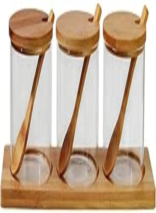 XSMNER 3PCS Condiment Jar Seasoning Box Glass Spice Condiment Container Canisters Pots with Wooden Spoon Lid and Base for Sugar, Pepper, Coffee, Spice, Salt