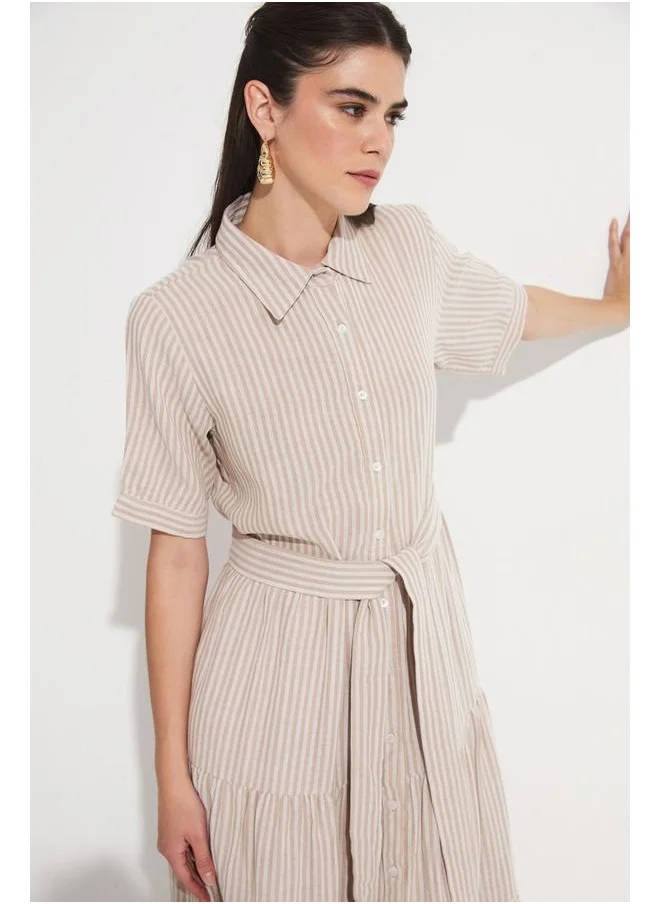 JUNE June Exclusive Waist Tie 100% Cotton Shirt Dress Beige