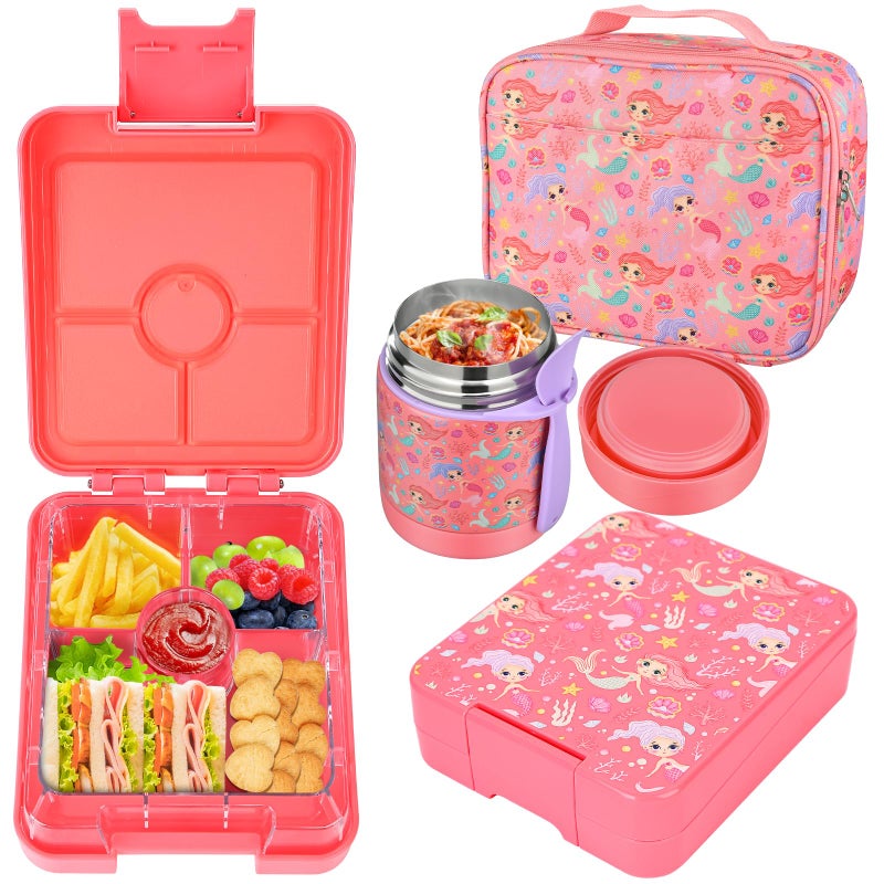 Howeemo Bento Lunch Box Set For Kids With 10Oz Soup Thermo  Leak-Proof Lunch Containers With 4 Compartment  Kids Thermo Hot Food Jar And Insulated Lunch Bag For Kid To School Bpa-Free(Mermaid) - Image 1