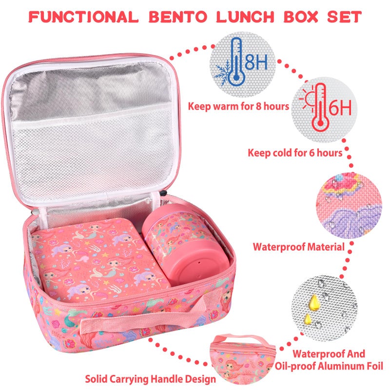 Howeemo Bento Lunch Box Set For Kids With 10Oz Soup Thermo  Leak-Proof Lunch Containers With 4 Compartment  Kids Thermo Hot Food Jar And Insulated Lunch Bag For Kid To School Bpa-Free(Mermaid) - Image 2