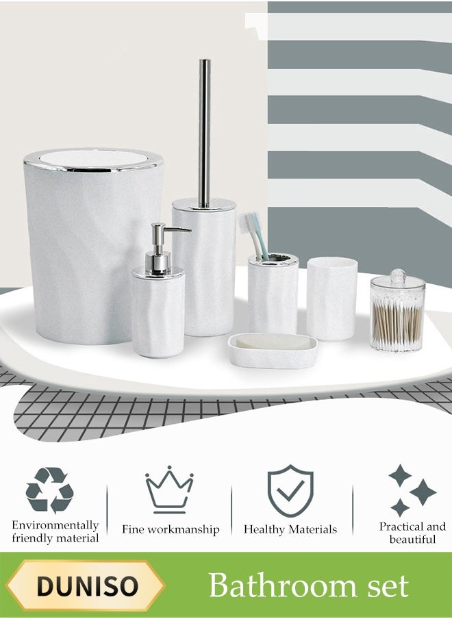 DUNISO 7 Pieces of Bathroom Accessories Set, Household Toiletries Set, Bathroom Storage Set,Sturdy and Durable， with Hand Sanitizer Bottle, Toothbrush Cup, Mouthwash Cup, Soap Box, Toilet Brush, Trash Can, Cotton Swab Box,Suitable for Family and Travel Use  - Image 1