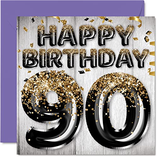 Stuff4 90th Birthday Card for Men - Black & Gold Glitter Balloons - Happy Birthday Cards for 90 Year Old Man Dad Papa Pop Pops Great Grandpa Gran, 5.7 x 5.7 Inch Ninety Ninetieth Greeting Cards Gift - Image 1