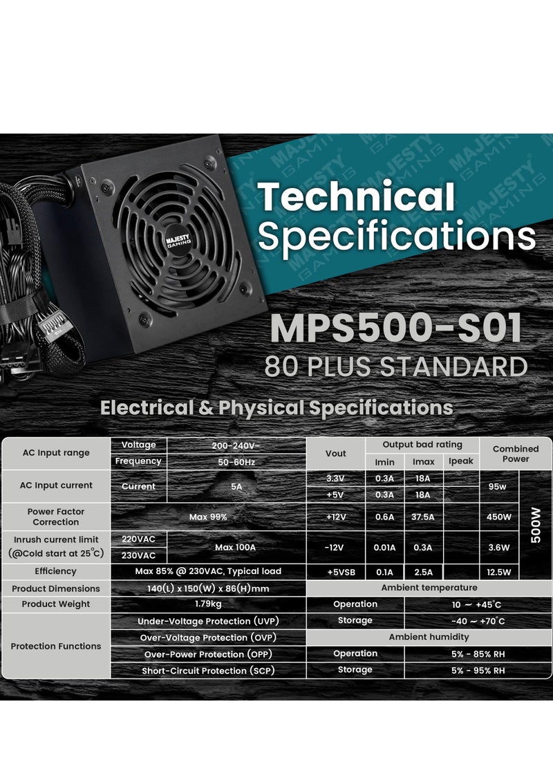 Majesty Majesty 500W 80 Plus Non-Modular Low Noise ATX 500W Power Supply - UK - Black  - Image 3