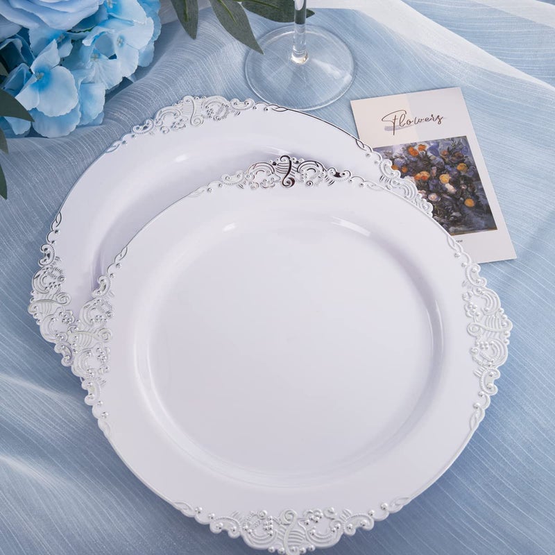 Hioasis 100pcs White Silver Plastic Plates - 10.25" Dinner Plates Disposable, Heavy -duty, Classy and Elegant for Thanksgiving - Image 3