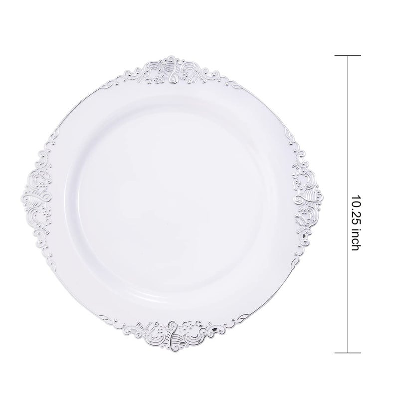 Hioasis 100pcs White Silver Plastic Plates - 10.25" Dinner Plates Disposable, Heavy -duty, Classy and Elegant for Thanksgiving - Image 2