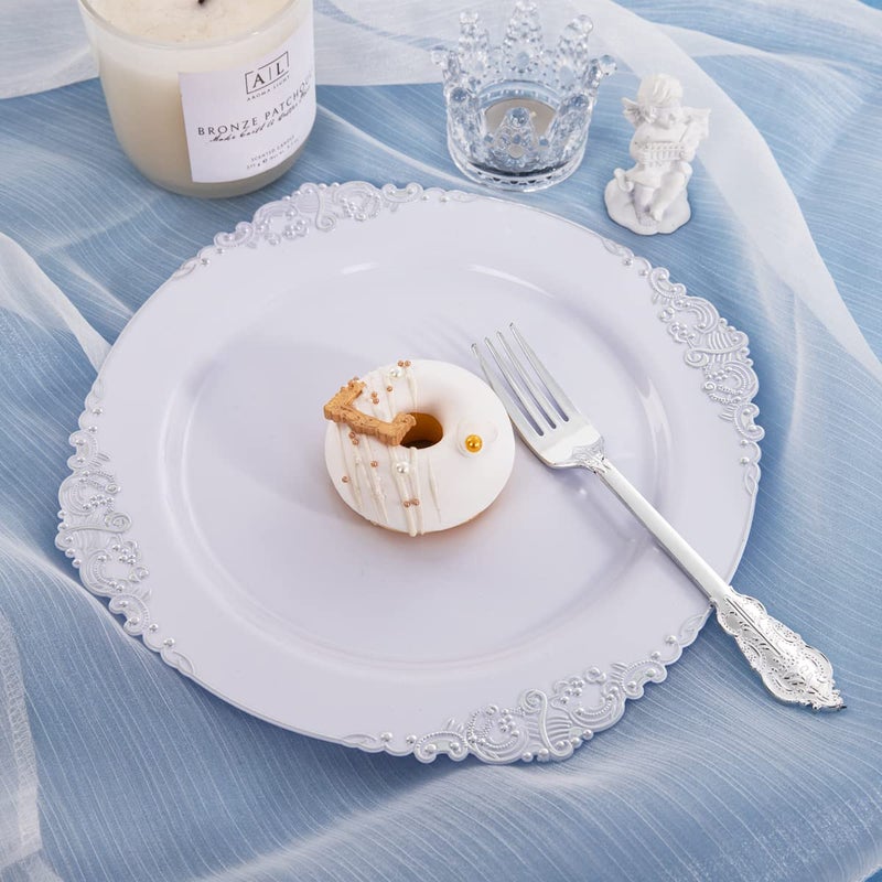 Hioasis 100pcs White Silver Plastic Plates - 10.25" Dinner Plates Disposable, Heavy -duty, Classy and Elegant for Thanksgiving - Image 4