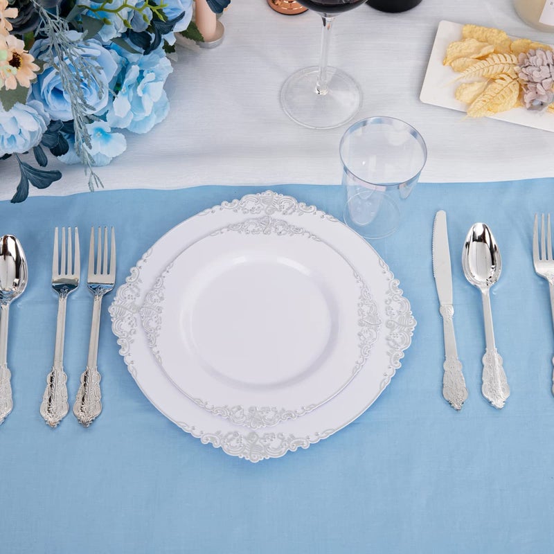 Hioasis 100pcs White Silver Plastic Plates - 10.25" Dinner Plates Disposable, Heavy -duty, Classy and Elegant for Thanksgiving - Image 5