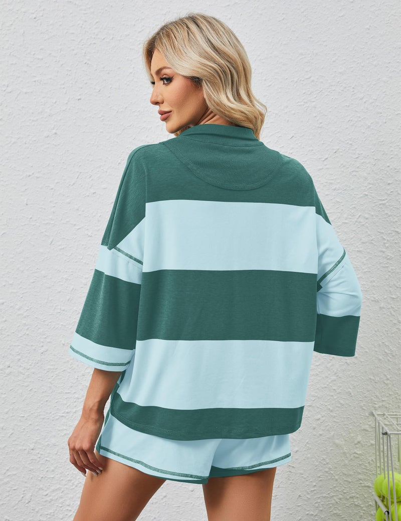 MISSACTIVER Womens 2 Piece Lounge Set Stripe Half Sleeve Oversized Shirts Shorts Summer Two Piece Workout Sets - Image 5