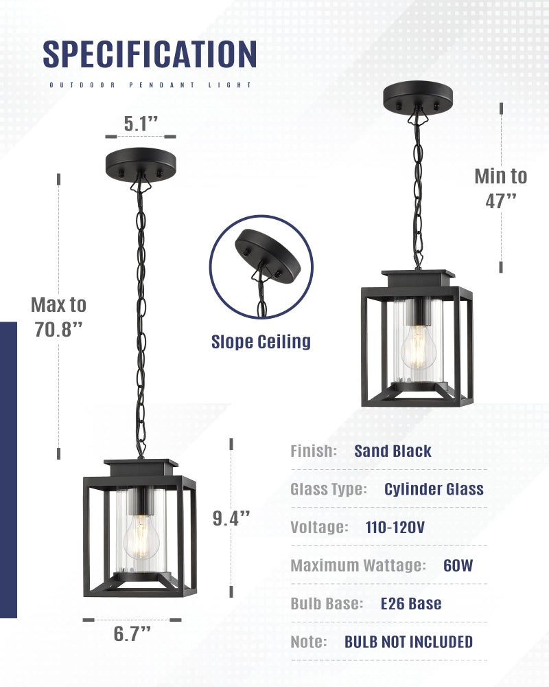 Osimir Outdoor Pendant Light, 1-Light Modern Outdoor Hanging Lantern with Adjustable Chain, Exterior Hanging Porch Light in Black Finish with Cylinder Glass, 2353/1H - Image 3
