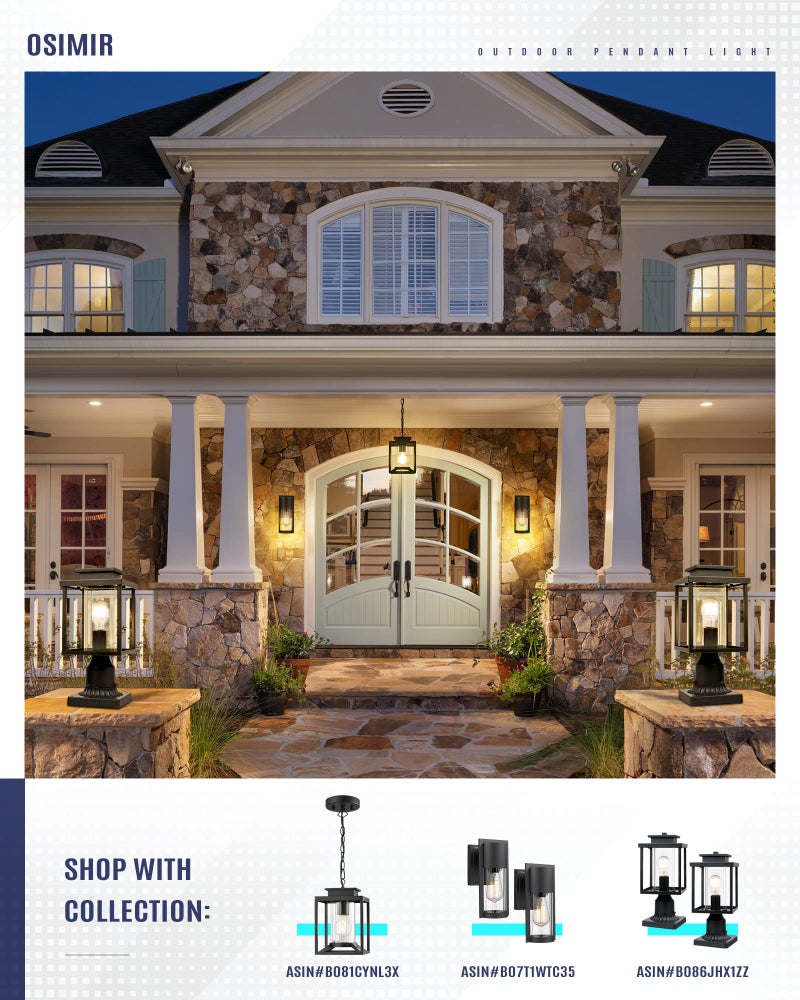 Osimir Outdoor Pendant Light, 1-Light Modern Outdoor Hanging Lantern with Adjustable Chain, Exterior Hanging Porch Light in Black Finish with Cylinder Glass, 2353/1H - Image 5