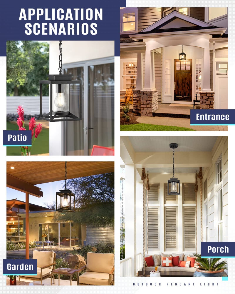 Osimir Outdoor Pendant Light, 1-Light Modern Outdoor Hanging Lantern with Adjustable Chain, Exterior Hanging Porch Light in Black Finish with Cylinder Glass, 2353/1H - Image 4
