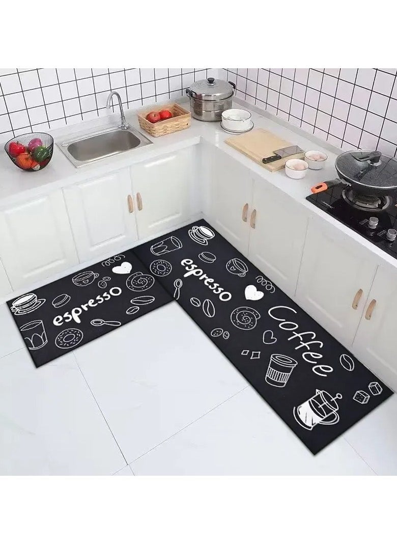 Generic - 2-Piece Non-Slip Kitchen Mat Set, Black/White Rubber Backed Absorbent Rugs for Sink and Stove, Machine Washable, Stylish Home Décor Kitchen Floor Mats - Image 1