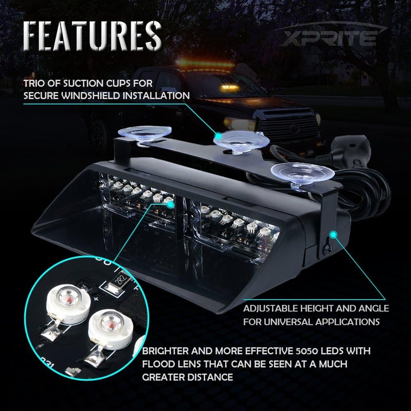 Xprite White LED Emergency Dash Strobe Light, Interior Windshield Safety Warning Flashing Lights w/Suction Cups, 12V Windshield Visor Light Bar for Police Law Enforcement Volunteer Vehicles Trucks - Image 5