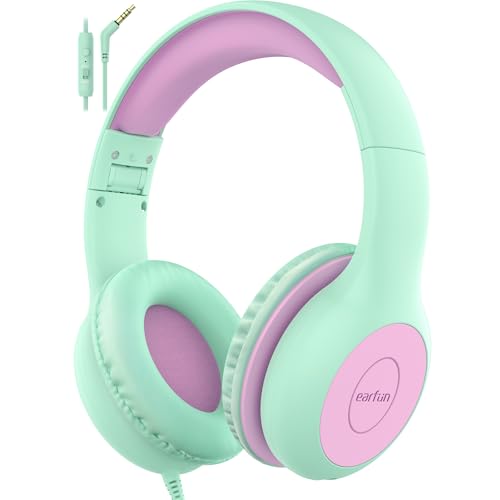 EarFun Kids Headphones Wired with Microphone, 85/94dB Volume Limit Headphones for Kids, Portable Wired Headphone with Shareport, Stereo Sound Foldable Headset for School/Tablet/iPad, Green Violet - Image 1