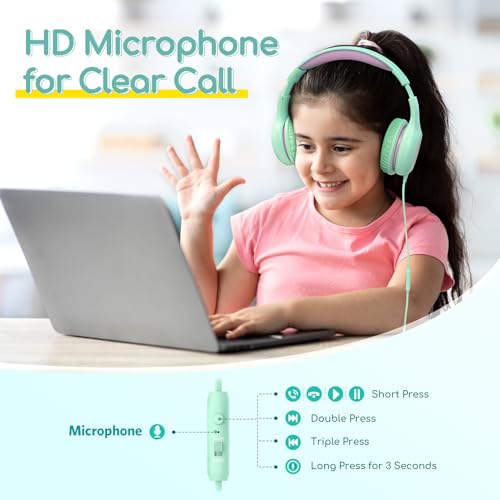 EarFun Kids Headphones Wired with Microphone, 85/94dB Volume Limit Headphones for Kids, Portable Wired Headphone with Shareport, Stereo Sound Foldable Headset for School/Tablet/iPad, Green Violet - Image 2