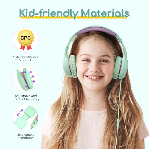 EarFun Kids Headphones Wired with Microphone, 85/94dB Volume Limit Headphones for Kids, Portable Wired Headphone with Shareport, Stereo Sound Foldable Headset for School/Tablet/iPad, Green Violet - Image 4
