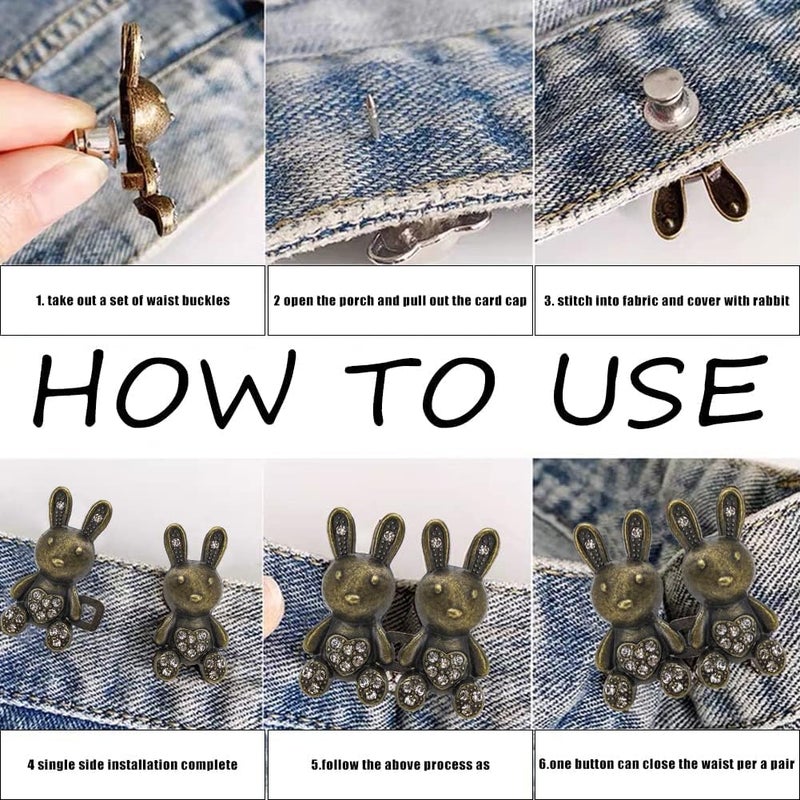 HEAVY DRIVER ® 2pcs Cute Rabbit Button Pins for Jeans Adjustable Bunny Button Pins Waist Buckle for Loose Jeans Pants, Detachable Buttons for Jeans Waist Buckle No Need Sewing Waist Tightener Clip (Rabbit Black) - Image 3