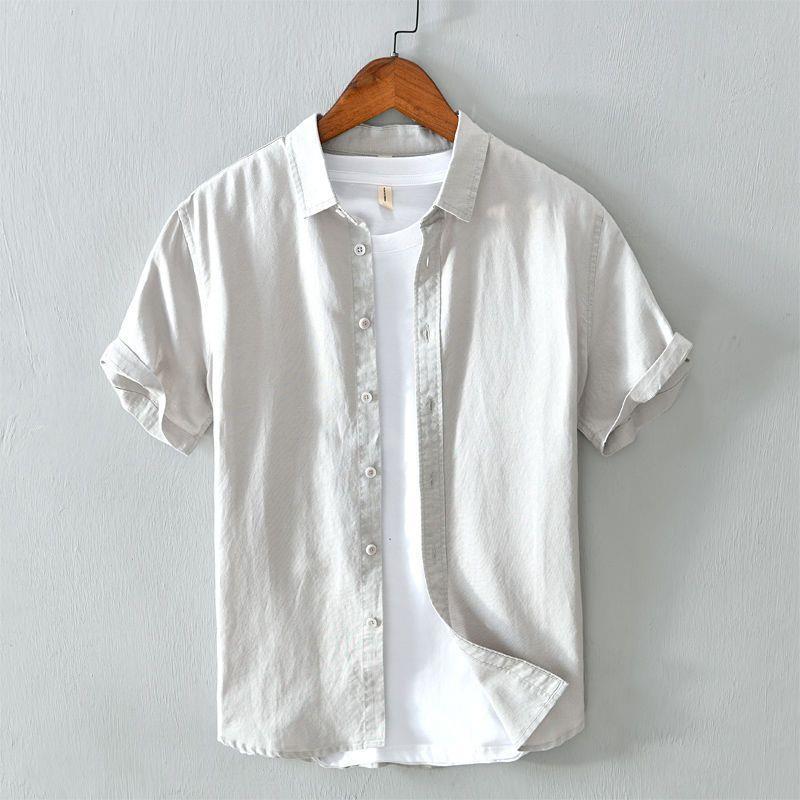 Summer Linen Short-sleeved Mens Shirt Lapel Solid Color Simple All-match Casual Slim-fit Breathable Cotton Linen Daily Thin Cardigan gray 566 