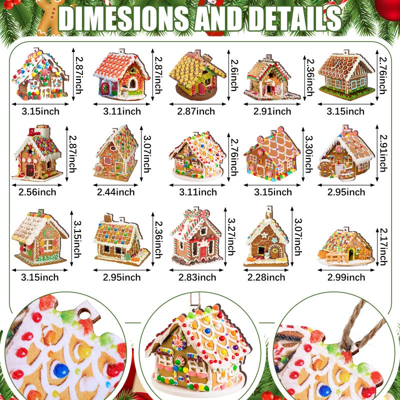 Woanger 60 Pcs Christmas Gingerbread House Ornament Wooden Christmas Tree Hanging Ornaments Gingerbread House with Ribbons Wood House Pendants for Xmas Party Favor (Candy Style) - Image 2