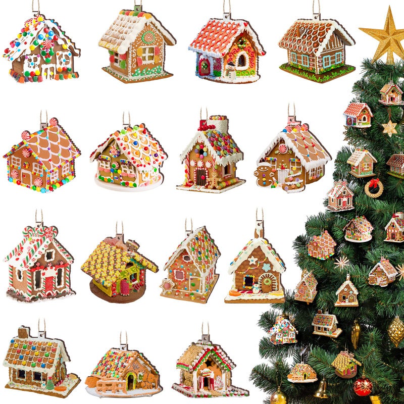 Woanger 60 Pcs Christmas Gingerbread House Ornament Wooden Christmas Tree Hanging Ornaments Gingerbread House with Ribbons Wood House Pendants for Xmas Party Favor (Candy Style) - Image 1