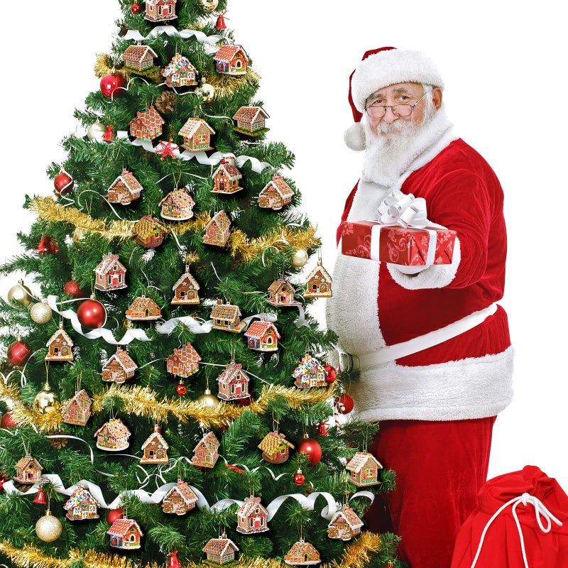 Woanger 60 Pcs Christmas Gingerbread House Ornament Wooden Christmas Tree Hanging Ornaments Gingerbread House with Ribbons Wood House Pendants for Xmas Party Favor (Candy Style) - Image 3