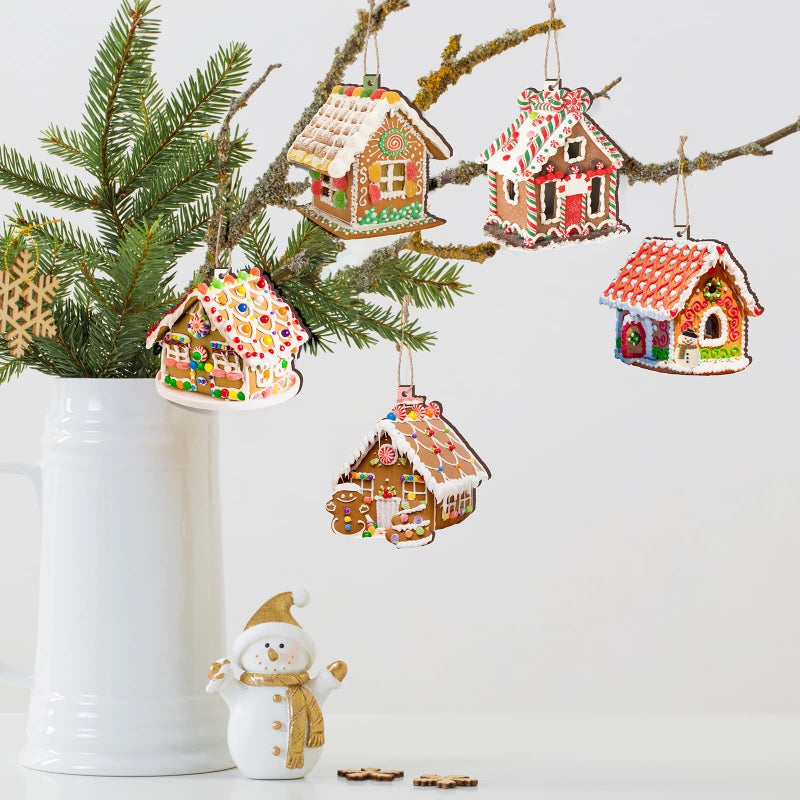 Woanger 60 Pcs Christmas Gingerbread House Ornament Wooden Christmas Tree Hanging Ornaments Gingerbread House with Ribbons Wood House Pendants for Xmas Party Favor (Candy Style) - Image 5