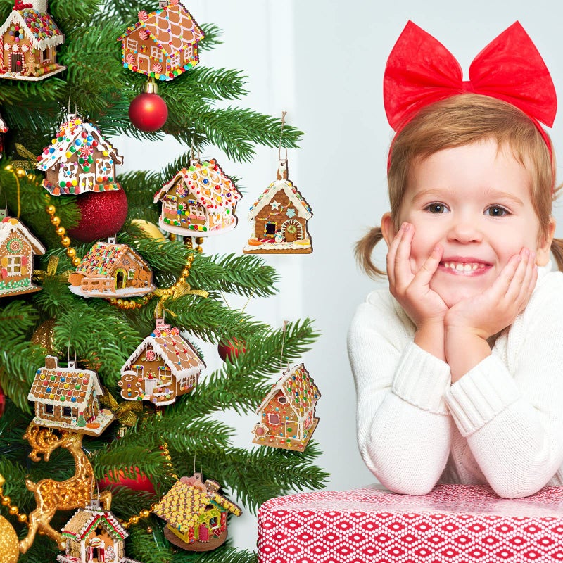 Woanger 60 Pcs Christmas Gingerbread House Ornament Wooden Christmas Tree Hanging Ornaments Gingerbread House with Ribbons Wood House Pendants for Xmas Party Favor (Candy Style) - Image 4