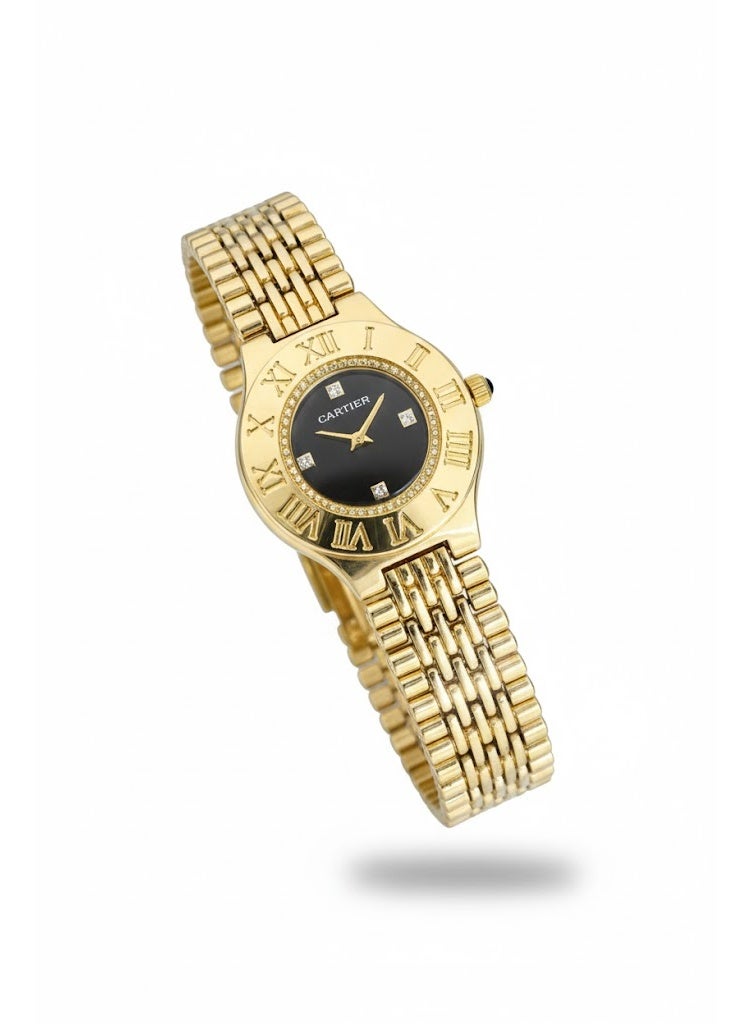 Cartier Women’s Gold Stainless Steel Watch with Black Dial and Roman Numerals