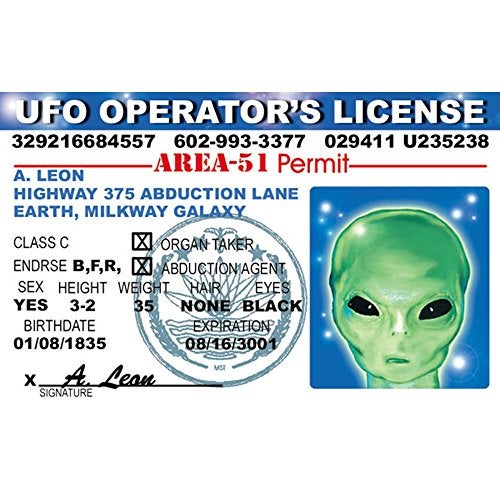 Signs 4 Fun Parody Driver’s License | Alien UFO ID | Fake ID Novelty Card | Collectible Trading Card Driver’s License | Novelty Gift for Holidays | Made in The USA - Image 1