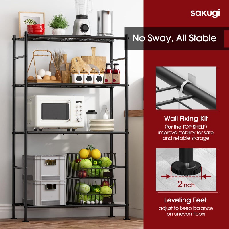 Sakugi Storage Shelves - 4 Tier Shelf Organizer, Heavy Duty Garage Shelving Unit with Leveling Feet, Stable Metal Shelves Organizer for Pantry, Kitchen and Closet, 33.0" W x 12.6" D x 57.2" H, Black - Image 5