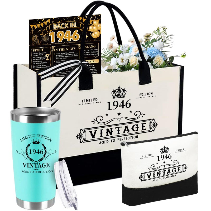 TrophyToast 80th Birthday Gifts for Women Her- 4 pcs, Turning 80 Year Old Gifts, Decorations Canvas Beach Tote Bag & Makeup Bag, Unique Happy 80th Present for Her Mom Wife Friends - Image 1