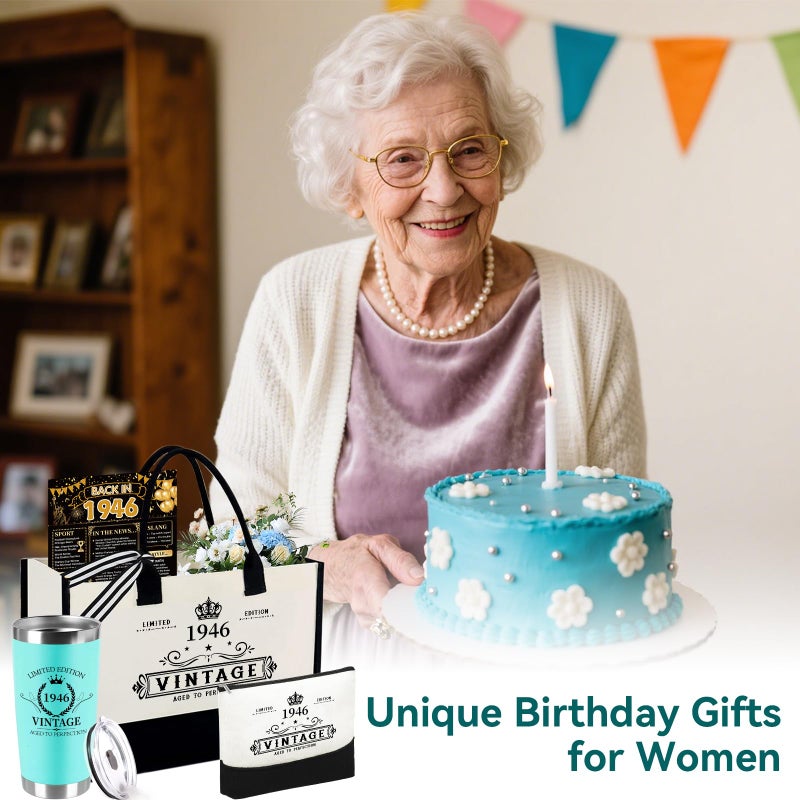 TrophyToast 80th Birthday Gifts for Women Her- 4 pcs, Turning 80 Year Old Gifts, Decorations Canvas Beach Tote Bag & Makeup Bag, Unique Happy 80th Present for Her Mom Wife Friends - Image 2