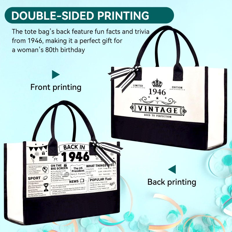 TrophyToast 80th Birthday Gifts for Women Her- 4 pcs, Turning 80 Year Old Gifts, Decorations Canvas Beach Tote Bag & Makeup Bag, Unique Happy 80th Present for Her Mom Wife Friends - Image 5