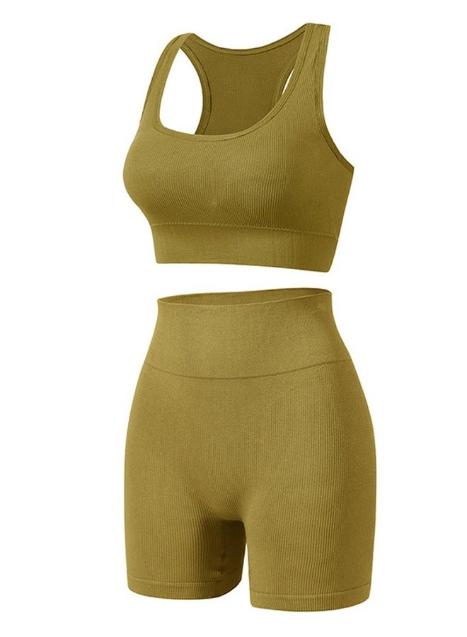 Loquat Women's Solid Color Sport Fitness Lingerie Set 2-piece Seamless Wireless Wide Shoulders Bra Vest+High Waist Boxer Briefs Sport Suit Lemon Yellow 