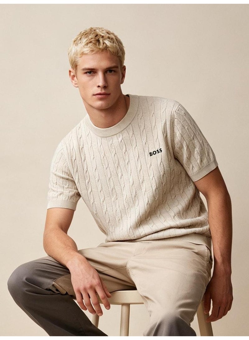 BOSS Unisex Short Sleeve Cable Knit Crew Neck T-Shirt, Beige, Men's Women's Casual Top - Image 1