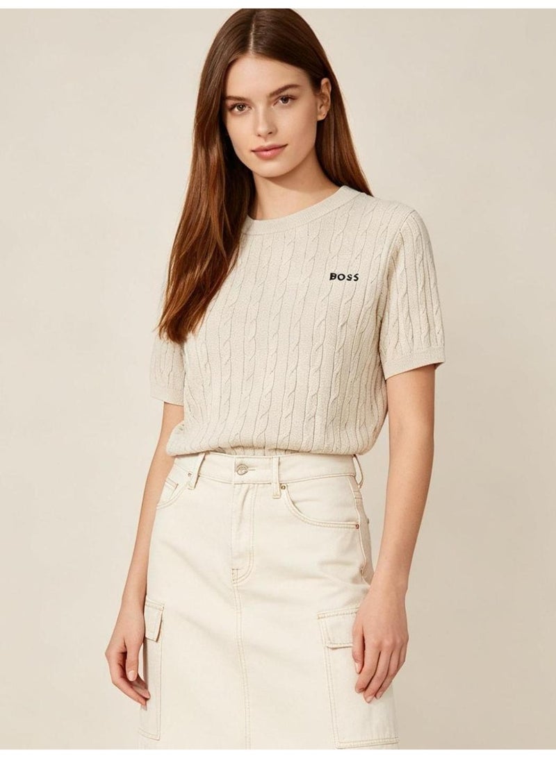 BOSS Unisex Short Sleeve Cable Knit Crew Neck T-Shirt, Beige, Men's Women's Casual Top - Image 4