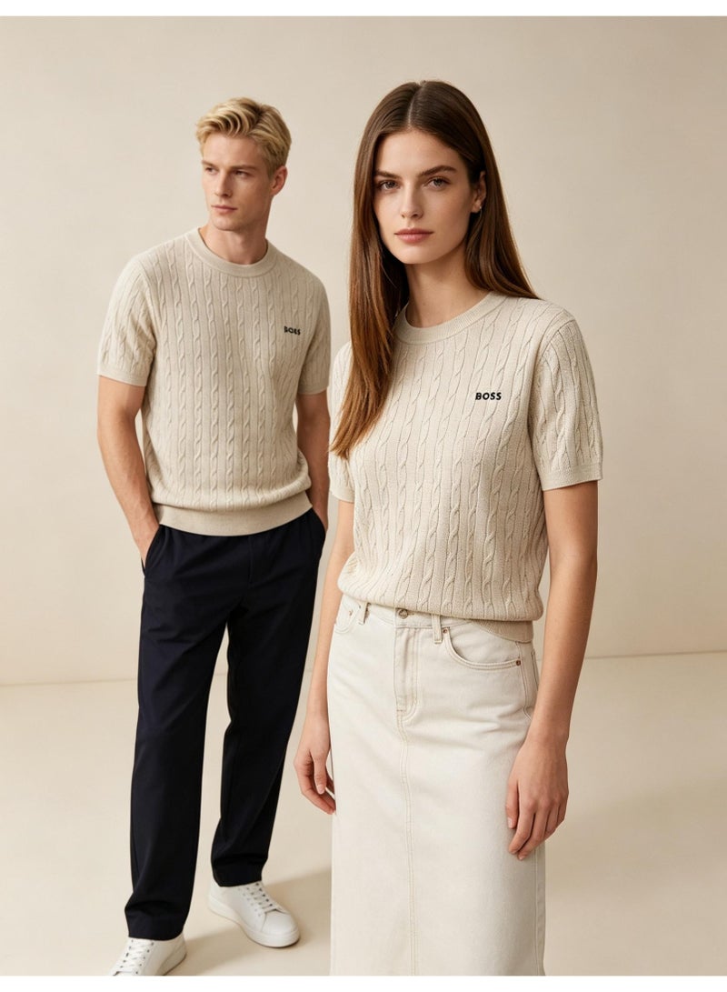 BOSS Unisex Short Sleeve Cable Knit Crew Neck T-Shirt, Beige, Men's Women's Casual Top - Image 2